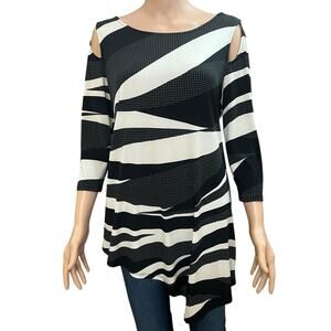 IC By Connie K Asymmetrical Tunic Top Medium Geo Stripe Print Artsy Cutout AS IS